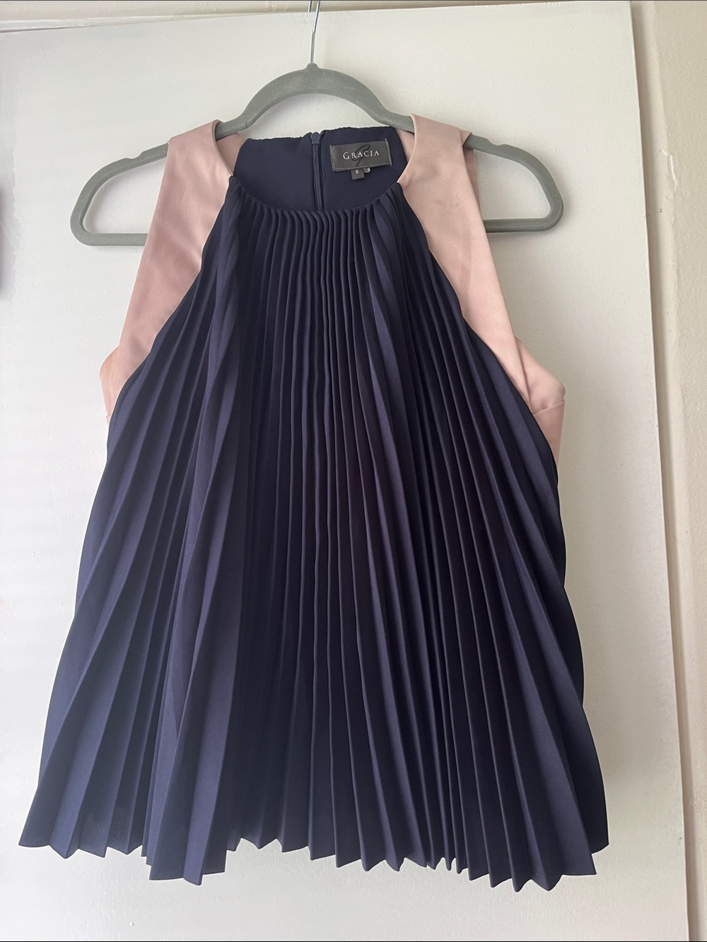 Gracia Navy Pleated Halter Dress with Pink Accents size small